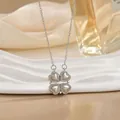 Silver clover heart necklace with zircon inlay and magnetic folding pendant for women - Pave Silver (XL0544G)