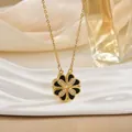 Golden clover necklace with heart-shaped petals, black enamel and inlaid diamonds - Black Enamel Gold (XL0549)