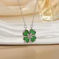 Convertible silver four-leaf clover necklace with green hearts and diamond center - Green Heart Silver (XL0543G)