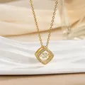 Elegant gold titanium steel necklace with square zircon pendant and dainty cross chain link - Hollow Square Dancing (灵动系列64) / Gold