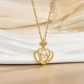 Detailed view of a gold crown pendant necklace with sparkling white cubic zirconia stones - Hollow Crown Style (灵动系列41) / Gold
