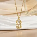 Macro detail of gold dreamcatcher necklace featuring sparkling zircons and delicate leaf pendants - Fashion Dreamcatcher (灵动系列63) / Gold