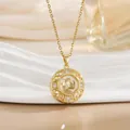 Rotating four-leaf clover pendant necklace in gold with auspicious symbols and zircon stones - Round Hollow Style (XL0956)