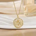 Macro detail of rotating gold titanium necklace with sparkling zircon geometric patterns - Double Layer Hollow Style (XL0958)