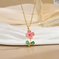 Elegant 18k gold plated necklace with pink flower pendant and green leaf gems - Pink Enamel Floral Style (XL0686)