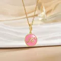 Gold chain necklace with a pink enamel Fe pendant featuring a small heart decoration - Gold Round Pink Enamel Letter Heart (XL1104C)