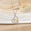 Silver heart pendant necklace with golden baby footprints and diamonds for Mother's Day - Golden Feet (XL1081GA)