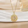 Golden spinning necklace with flower zircon pendant and Chinese character lucky charm - Round Floral Style (XL0952)