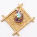 Macro detail of raw amethyst crystal pendant with turquoise inlay and gold metal edging - Amethyst Cluster Style (No. 2) / 30-50mm, 30-40g