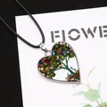 Heart shaped Tree of Life pendant with multicolored natural stones on a black cord - 30x34mm / Multicolor Crushed Stone (No. 11)