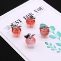 Set van vier appelvormige kattenoogsteen hangers met zilveren bladaccenten voor DIY sieraden - 14x21mm / Watermeloenkwarts