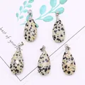 Set of five faceted Dalmatian Jasper teardrop pendants with silver metal clasps - 13x25mm / Dalmatian Jasper