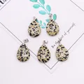 Polished spotted stone teardrop pendants with silver bails on a clean display card - 18x25mm / Dalmatian Jasper
