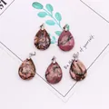 Set of 5 teardrop natural pink stones with silver bails for DIY necklace jewelry making - 18x25mm / Rhodonite with Black Lines