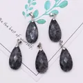 Set of five faceted teardrop pendants in dark grey natural stone with silver metal clasps - 13x25mm / Black Spectrolite