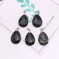 Set of 5 teardrop natural dark green stone pendants with silver clasps for DIY jewelry - 18x25mm / Rhyolite