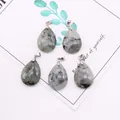Five-piece teardrop natural stone pendants in grey-green with silver metal bails - 18x25mm / Flash Stone (Labradorite)