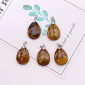 Set of five teardrop-shaped tiger eye stone pendants with silver metal clasps - 18x25mm / Tiger's Eye