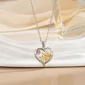 Luxurious sunflower heart pendant necklace with pink butterfly in titanium steel finish - Sunflower Butterfly (XL1090GA)