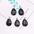 Set of 5 teardrop-shaped dark grey natural stone pendants with silver metal bails - 18x25mm / Obsidian