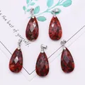 Faceted teardrop red natural stone pendants with black spots and silver metal clasps - 13x25mm / Red Dot Stone