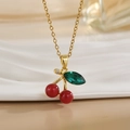 Elegant gold cherry pendant necklace with red beads and green gemstone leaf for women - Red Bead Olive Leaf Cherry Style (XL01176)