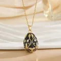 Faberge-style egg pendant necklace in black enamel and gold with clear crystals - Black