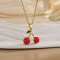 Elegant gold cherry pendant necklace with red enamel fruits and green leaves on silk - Gold Fine Chain Double Cherry Style (XL01170)