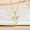 Golden titanium steel necklace with double triangle pendant, white diamonds and blue beads - Geometric Double Triangle Necklace (XL01263)