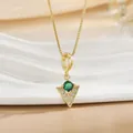 Close-up of gold-plated triangle pendant with green gemstone and white zircon details - Geometric Triangle Green Gem Necklace (XL01277)