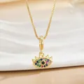 Macro detail of gold plated Evil Eye pendant with colorful cubic zirconia on box chain - Colorful Rhinestone Evil Eye Necklace (XL01281)