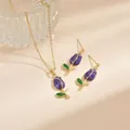 Elegantes goldenes Tulpen-Schmuckset mit lila Emaille-Anhänger-Halskette und Ohrringen - Lila Tulpen Stil(XE0115A)