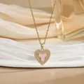 Pink clover heart pendant necklace in 18k gold plated stainless steel for women - Gold Heart Pink Flower Style (XL01599)