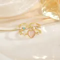 Bague double dorée élégante avec pierre œil de chat rose et perles bleues - Style Double Couche Cœur Œil de Chat Rose (JZ0321)