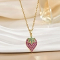 Elegant strawberry heart pendant necklace with red and green crystals on golden chain - Heart Micro-pave Strawberry Style (XL01691)