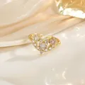Bague dorée ajustable avec motif cœur évidé serti de zircons blancs et roses brillants - Style Cœur Creux Zircone Blanc Rose (JZ0337)