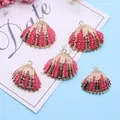 Natural shell pendants in hot pink with gold-plated edges and metal hanging rings - Peach Red (No. 1)