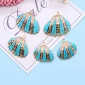 Teal scallop shell pendants with gold plated edges and metal base for jewelry making - Cyan Blue (No. 5)