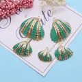 Green enamel scallop shell pendants with gold stripes in various sizes for DIY jewelry - Emerald Green (No. 8)