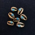 Gold plated natural cowrie shells with evil eye charms for DIY jewelry making - 12x18mm (20 Pieces/Pack) / Light Blue