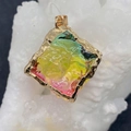 Square rainbow natural stone pendant with gold edge and textured crystal surface - 18mm / No.1 (Rainbow Gradient)