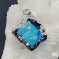 Square blue natural stone pendant with silver metal frame on a white crystal cluster - 18mm / No. 4 (Lake Blue)