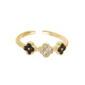 Lucky four-leaf clover open ring in gold with black enamel and sparkling crystals - Gold
