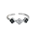 Lucky clover open ring with white cubic zirconia and black enamel inlay design - Silver
