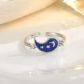 Detail of silver enamel ring featuring blue water-drop panel with crescent moon and stars - Silver Deep Blue Star Moon Style (JZ0431G)