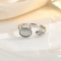 Macro detail of adjustable silver cat and fish ring with grey gemstone and zircon pavé - Silver Cat and Fish Style (JZ0437G)