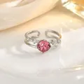 Detail of silver open ring with a large round pink crystal and tiny side stones - Silver Pink Main Stone Double Layer Style (JZ0438G)