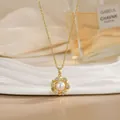 Detailed view of a rotatable gold flower necklace with a pearl center and zircon inlay - Pearl Petal with Zirconia Style (XL02167)