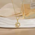 Rotating golden flower necklace with pearl and sparkling zircon stones for women - Pearl Petal Pave Style (XL02190)