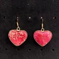 Elegant heart-shaped natural stone earrings with red turquoise and golden frames - Pink Marble Pattern (No. 6)